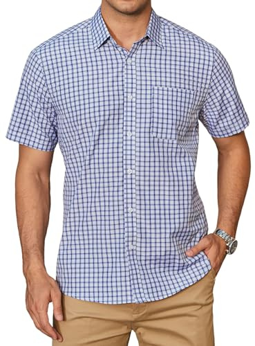 HISDERN Camisa Cuadros Hombre Manga Corta Camisas Verano Hombre Casual Clásica Algodón Botones con Bolsillo Regular Fit Azul & Blanco L