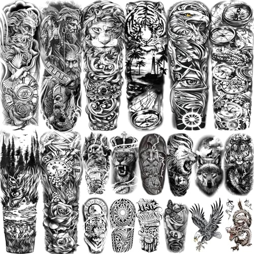 20 Blätter Voll Arm Temporäre Tattoos Herren Damen Zeus Löwe Adler Tiger, Fake Tattoo Aufkleber Haut Klebetattoos Erwachsene, Schwarz Halloween Tattoos Drachen, Maori Tattoo Aufkleber Männer Frauen