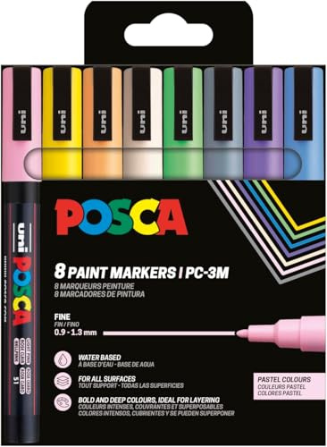 POSCA - Set de rotuladores acrílicos PC-3M, 8 colores pastel | Rotulador con punta redonda de 0,9-1,3 mm para casi todas las superficies