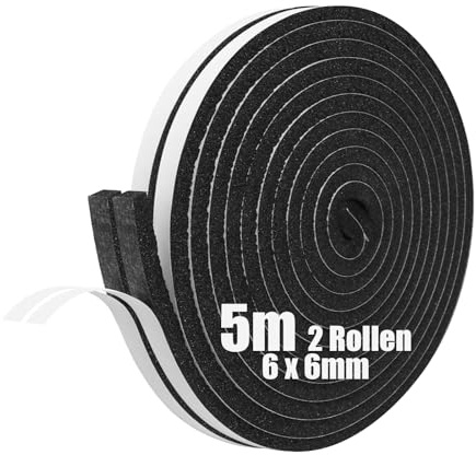 SDLDEER Lot de 2 rouleaux de ruban d'étanchéité autocollant en caoutchouc mousse pour fenêtre et porte - Anti-collision - Isolation acoustique - 6 mm (l) x 6 mm (D) x 5 m (L)