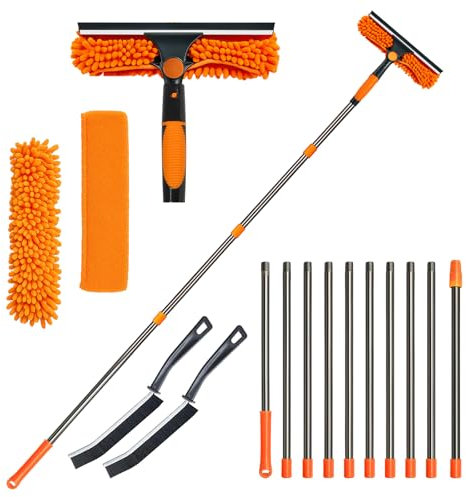 Orifesio 4.3M Long Reach Window Cleaning Kit, Window Cleaning Equipment with 10 Extension Cleaner Pole, 2 Crevice Brush & 3 Microfiber Cloth, Extendable Window Cleaning Pole for High Window Car Glass