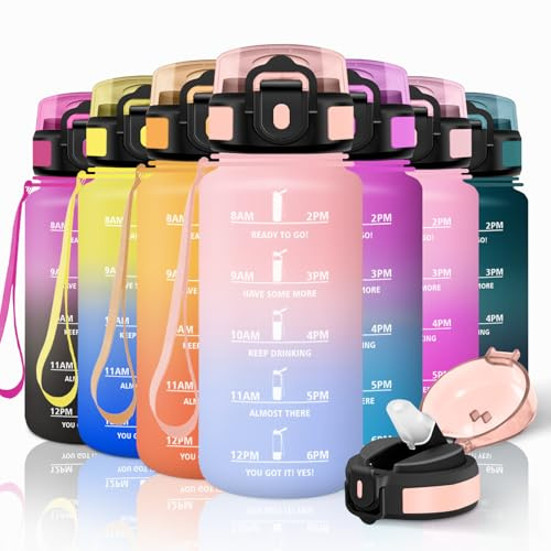 Motswedi Trinkflasche Kinder, 500ml Auslaufsicher, Trinkflasche Kohlensäure Geeignet, mit Zeitmarkierung, Wasserflasche, Sportflasche, für Schule, Sport, Yoga, Fitness, Büro, Rosa & Himmelblau