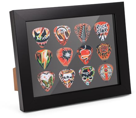 Gitarrplektrum visningsram, visningsfodral för gitarrplektrum med 12 plektrum inläggsplatser, stationära och väggmonterbara, gitarrplektrum fodral gåvor för män, gitarrspelare och musiker, 17 x 21 cm
