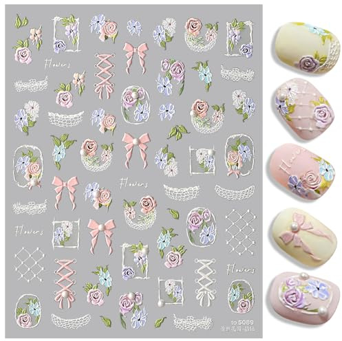 5D geprägte Schleifen Nagelsticker Selbstklebend Nagelaufkleber für Frauen Nail Art Stickers Nageldesign Zubehör Elegante Spitzen Schleifen Blumen Nagel Sticker 5D Flower Nailart Bow Nail Sticker