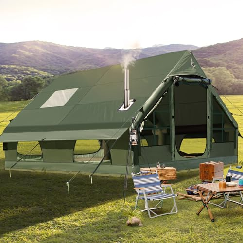 Aufblasbares CampingZelt Handpumpe 2/4/6/8 Personen 4 Jahreszeiten Winddicht Campingzelt mit Aufbewahrungstasche für Familien (3 * 4M-Mit Kaminöffnung-Grüner)