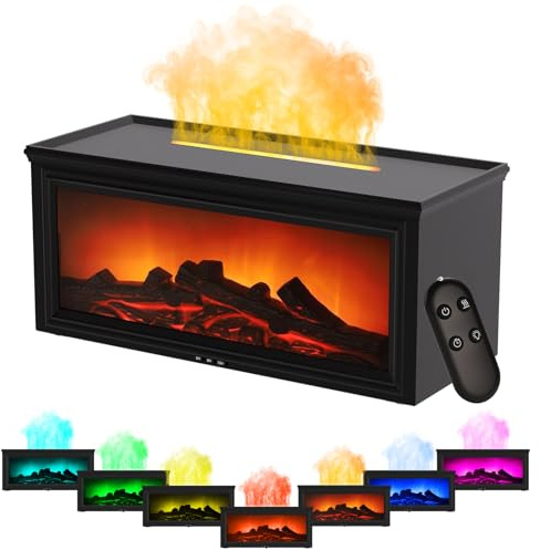 Aroma Diffuser mit LED Kamin Flammeneffekt - 7-Farben-Licht Luftbefeuchter mit Fernbedienung - Weißes Design für gemütliche Atmosphäre | Flammen Diffuser Wasserlose Abschaltautomatik, Schwarz