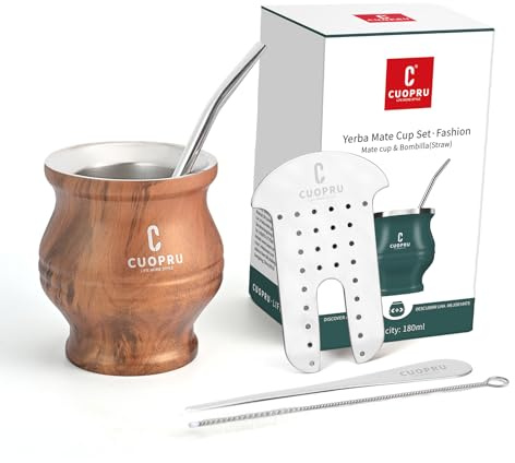 Cuopru Yerba Mate Tasse – Ensemble de gourde Mate comprenant une tasse à thé à double paroi en acier inoxydable, un ensemble de façonnage à thé, des pailles Bombilla et une brosse de nettoyage (grain