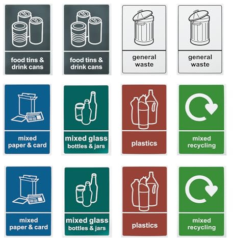 Recycling Stickers for Bins 12 Pack 100mm x 150mm Bin Stickers, 6 Designs | Self-Adhesive PVC Stickers, Waterproof Labels for Waste Bins, Food, Plastics, Mixed Paper, Card, Mixed Glass, General Waste