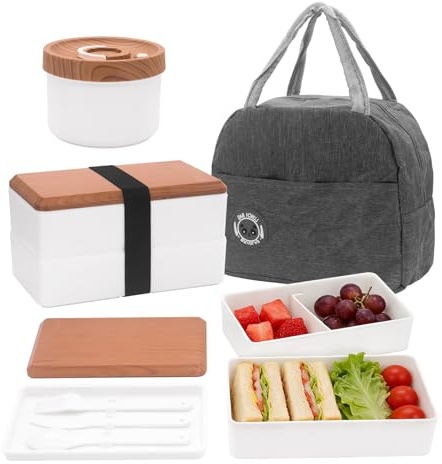 Yuhtech Lonchera bento japonesa de 2 niveles, lonchera Bento con compartimentos, contenedor de sopa con cuchara, cuchillo y tenedor y bolsa térmica (blanco)