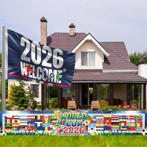 World Cup Flags 2026 Merchandise Decor 2PCS USA Canada Mexico Host Country Soccer Flag and Football Supporters Banner Around The World Decorations for Party Yard Sign for Garden Restaurant Bar Home