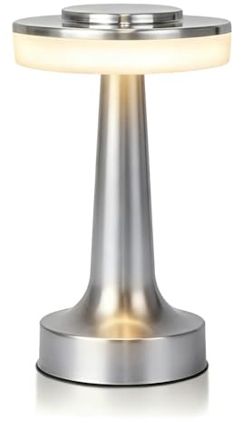 JHPGEOE Cordless Metal Desk Lamp, Touch Sensor Control LED Table Lamp,3 Color Stepless Dimmable Battery Powered Lamp for Living Room, Dorm, Home Office (Silver)