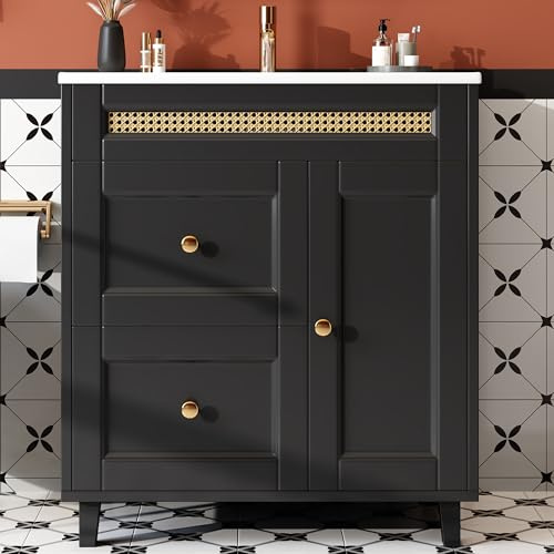 Merax Badezimmerschrank mit Waschbecken, doppelte leise Schubladen, Soft-Close Türen, goldene Griffe, Rattandekor für Vintage-Bad, Waschtisch, freistehend, Schwarz/76x46x86.5cm