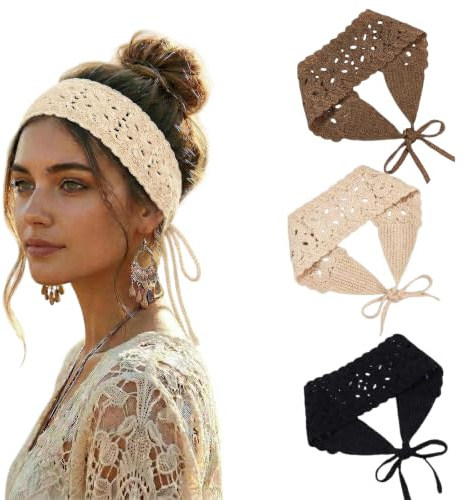 Tupenofif Haarband Damen, 3er Set Gehäkelt Stirnband Boho Vintage, Elastisch Strick Kopftuch Bandana Haartuch Crochet Head Scarf zum Binden