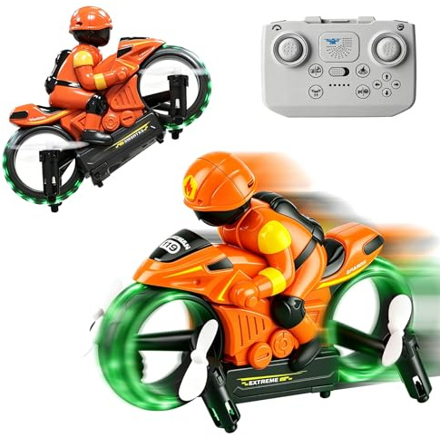 Motocicleta 2.4G teledirigida de acrobacias, 2 en 1 terrestre y aire drones | 360 ° flip, vuelo flotante automático, modo sin cabeza, iluminación LED, función de carga USB