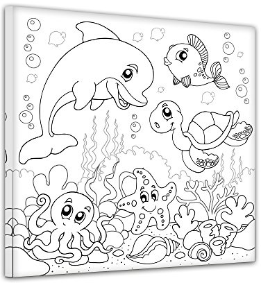 Bilderdepot24 Unterwassertiere - Ausmalbild auf Leinwand, aufgespannt auf Rahmen - Quadrat-Format - 30x30 cm