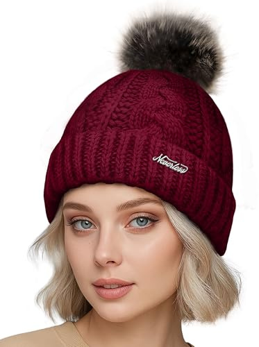 Neverless® Damen Strickmütze mit Pompom Zopfstrickmuster Bommelmütze gefüttert mit Fleece Wintermütze Model 1979