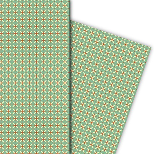 Kartenkaufrausch Vintage Stern Geschenkpapier Set 4 Bogen, Dekorpapier im Retro Design, orange, für tolle Geschenkverpackung, Musterpapier zum basteln 32 x 48cm