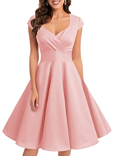 Bbonlinedress Robe Femme de Cocktail Vintage Rockabilly Robe plissée au Genou sans Manches col carré Rétro Blush M