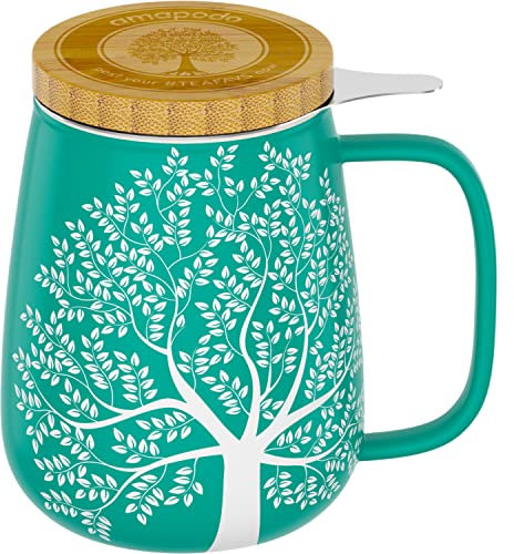 amapodo Teetasse mit Deckel und Sieb - 600ml Porzellan Tee Tasse groß - Jumbotasse - XXL Tea Cup Set Türkis - plastikfrei