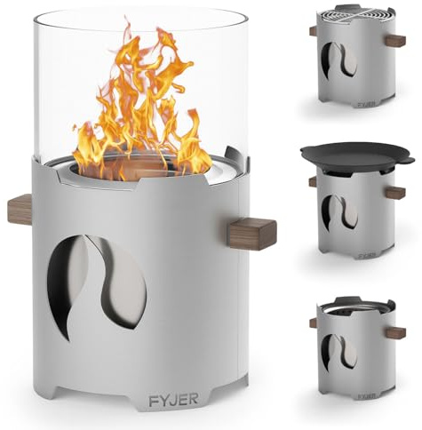 FYJER Pot FIRE 18 Feuerstelle | Vielseitige Feuerschale für den Garten | Fire Pit aus Edelstahl mit Windschutzglas & Flammenring | Feuerkorb & Feuerschale mit Grillrost | Feuertonne für den Garten