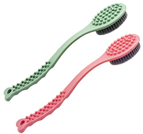 QiCheng&LYS Cepillo de Ducha de Mano, con Mango Largo, Suave y Cómodo Para Masaje o Exfoliación de Piel Seca (Verde y Rosa)