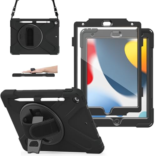 Junfire Hülle für ipad 9./8./7. Gen 10,2 Zoll mit Displayschutzfolie | Stoßfeste Schutzhülle mit Stifthalter, 360° Drehbar Stände, Handschlaufe, Schultergurt (Schwarz)