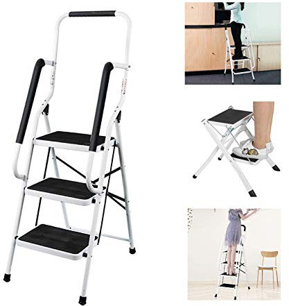 Trittleiter 3 Stufen mit Handlauf Klappbar Stehleiter, Klapptritt aus Stahl, Klapptreppe infach zu verstauen, Klappleiter Tragbar für drinnen und draußen, bis 150 kg