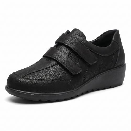 Cushion Walk Women's Lightweight Black Touch Fastening Low Wedge Shoes UK | Ladies EEE Extra-Wide Fit or E Fit Shoes, Loafers, Cushioned Insole, Trainers, Faux Leather Casual Work Office Comfort Wear