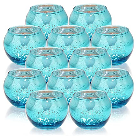 GoMDSA Blaues Quecksilberglas Teelichthalter Set von 12 Stück für Hochzeit, Party, Heimdekoration