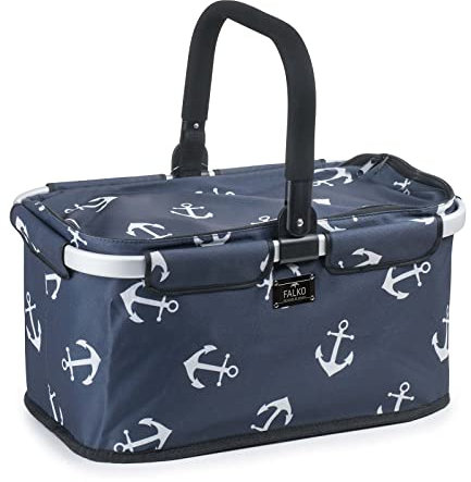 Genius A14358 Einkaufskorb Falko Premium dunkelblau mit Anker | Einkaufstasche 22l groß, faltbar, mit Deckel | Tragekorb mit Aluminium-Griff für unterwegs, Dunkelblau-weiße Anker