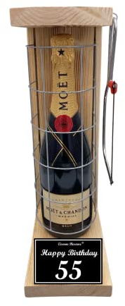 Moet Geschenkverpackung Geschenkset 55 Geburtstag Mann und Frau - Moet Eiserne Reserve Gitterkäfig incl. Notsäge Text s/w 55 Happy Birthday Champagner (1 x 0.75 l)