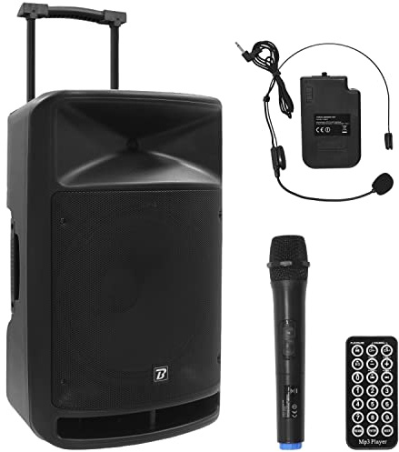 BoomTone DJ TravelSound15-VHF enceinte sono portable autonome avec 2 micros sans fil, karaoke haut-parleur 800W tuner FM, récepteur bluetooth, lecteur de carte SD, clé USB et télécommande IR