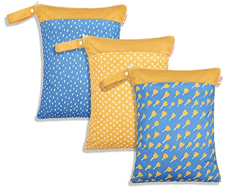 Treer 3 Stück Wetbag Kindergarten, Stoffwindeln Nasstaschen Baby Wetbag Wasserdicht Waschbar Kleinkind Windeln Organizer Beutel mit Reißverschluss (Blau+Gelb,30x40cm)
