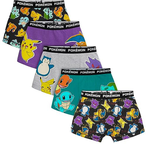 Pokemon 5er Pack Slips für Jungen - Bequeme Kinderunterwäsche - Baumwolle Unterhosen Kinder Jungen für 4-14 Jährige, Charmander, Raboot, Snorlax, Gengar, Pikachu(11-12 Jahre, Mehrfarbig)