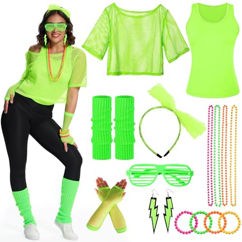 Ulikey 80er 90er Jahre Outfit Damen, 15 Stück 80er Jahre Kleidung Damen Set, Netzshirt, Tank top, Halskette, Armband, Ohrring, Stirnband, 90er Jahre Neon Party Outfit Mottoparty Accessoires Karneval