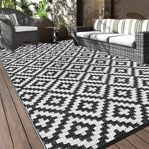 XQKXHZ Outdoor teppiche für Balkon wasserfest,Flachgewebe Kunststoff Picknickdecke,Grau Weiß Groß Außenteppich,Outdoor Balkonteppich für Terrassen RV Camping Garten,Black White,5x8ft/150x245cm