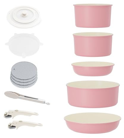 RIOVARM 16pcs Pots and Pans Set Nonstick, Kitchen Cookware Sets Detachable Handle, Induction Cookware Set with Removable Handle, Stackable RV Cookware, Oven Safe, Pink