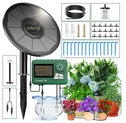 AnseTo Kit di Irrigazione Solare con Computer di Irrigazione Split con Batteria da 2200 mAh per Giardini, Balconi, Serre,Sistema di Irrigazione Automatica Solare con Rilevamento del Livello dell'acqua