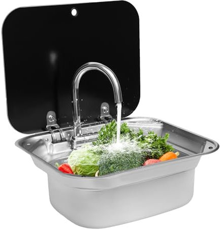 biusgiyeny Camping Waschbecken mit Deckel，Waschbecken küche & Wasserhahn Camping Edelstahl Wohnmobil Wohnwagen