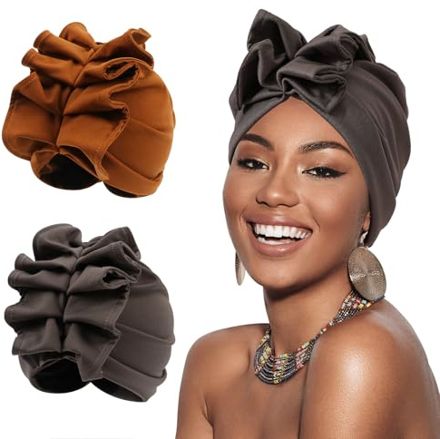 XEPST 2 Stücke Afrikanischer Turban für Damen, Beanie Cap Stretch Kopftuch Chemo Kopfbedeckung Rüschen Turbane Hauben für Krebspatienten