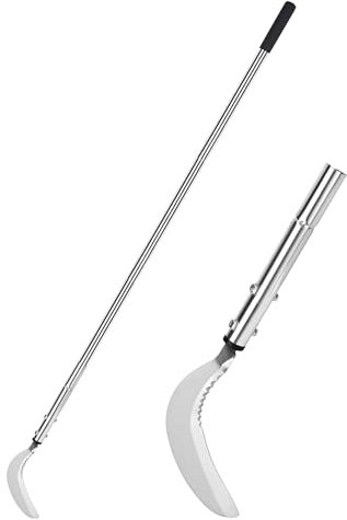 Unkrautsichel, Stahlgrassichel mit gezackter zweischneidiger Klinge, Teleskop-Graspeitsche, Stand-up-Unkraut-Sichel, leichte Sichel, Gartenwerkzeug, langer Griff für Garten, Hof