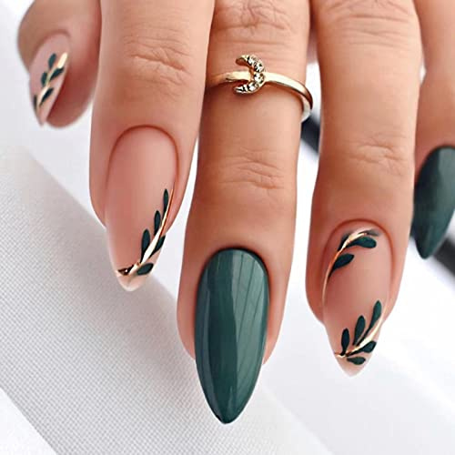 JUSTOTRY 24 Pcs Almond Press on Nails with Leaves Designs,Dark Green French False Nails Short,Pretty Stick on Nail for Women,Medium Oval Fake Nail for Nails Art
