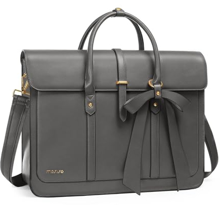MOSISO Sacoche Ordinateur 15-15,6 Pouces Cuir PU Femmes,Gris | Sac à Bandoulière Convertible en Sac à Dos, 16 Pouces Sac Messager,Sac à Main Sac d'ordinateur avec Noeud Papillon