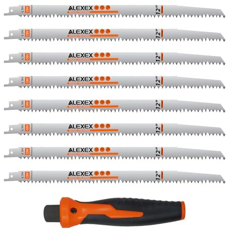 8 Pack 12 Inch 5 Tpi Wood Pruning Reciprocating Saw Blades for Tree Trimming and Wet Wood Cutting, Cr-V Sawzall Blades with Fleam-Ground Teeth for Longer Life and Faster Cutting Speed, 1 x Handle