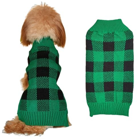 FANSU Weihnachten Kariert Hundepullover, Weihnachtstag Hunde Pullover Waschbar Hundepulli, Strick Pullover Hunde Shirt Elastisch Wärme Hunde Pullis, Strickpullover für Corgi Dackel (L,Grün)