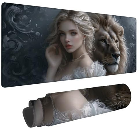 Tapis de Souris Déesse Tapis de Souris XXL Lion 1500x800x4mm Tapis Souris Gamer, sous Main Bureau Ordinateur Portable, Mouse Pad Bords Cousus Caoutchouc Antidérapante, pour Souris et Clavier A-114