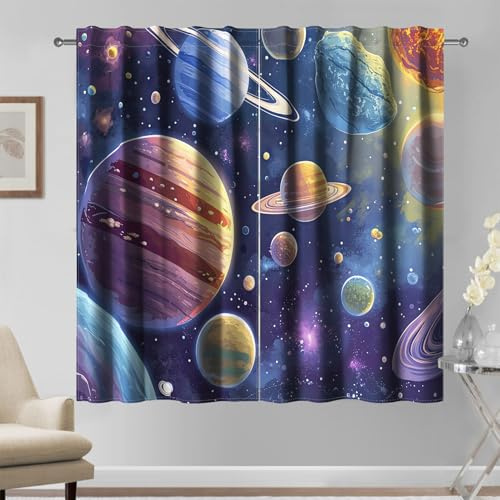 Kzzfqxb 117x138cm Planet Vorhänge, Sonnensystem Planeten Asteroid Galaxie Sterne Karikatur Malerei Vorhang Set von 2 Panels für Kinder Teenager Jungen, Schlafzimmer Wohnzimmer Fenster Dekoration