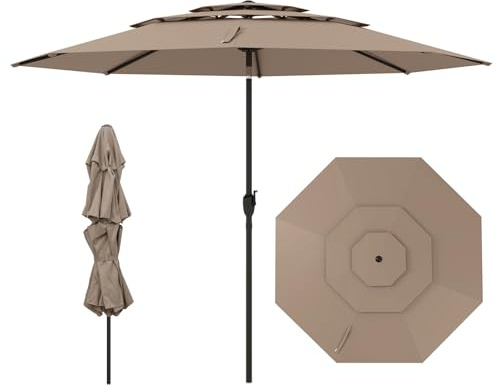 COSTWAY Ombrellone da Giardino 300 cm, Ombrellone Esterno con Inclinazione Regolabile, Ombrellone a 3 Livelli con Manovella 8 Stecche, per Giardino Piscina Cortile (Marrone)