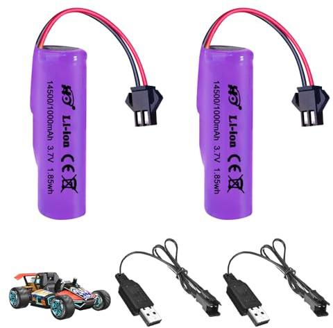 LYPPUL 3.7 Volt RC Akku, 1000mah 2 Stück 3.7v Li-ion Akku, Li-Ion Battery mit 2 SM-2P-Steckern und USB-Ladegerät, Wiederaufladbare RC Batterie für Ferngesteuertes Auto, Boote, Panzer, Autos