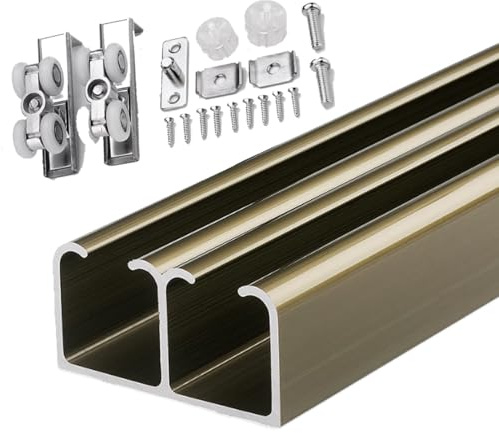 WLCGYD Aluminum Double Door Sliding Door Track, Concealed Sliding Track System Wardrobe Door for Cupboard Green House, 500 400 300 200 240 100 80 60 Cm Long, with Mounting Kit(Champagne,200cm)